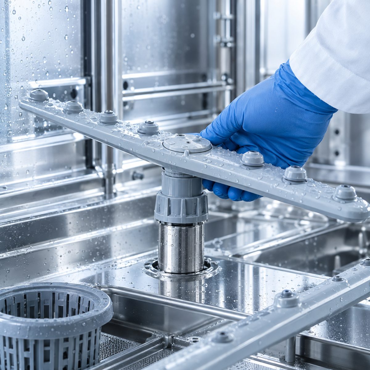 Fitting a new wash arm inside a commercial dishwasher during a repair